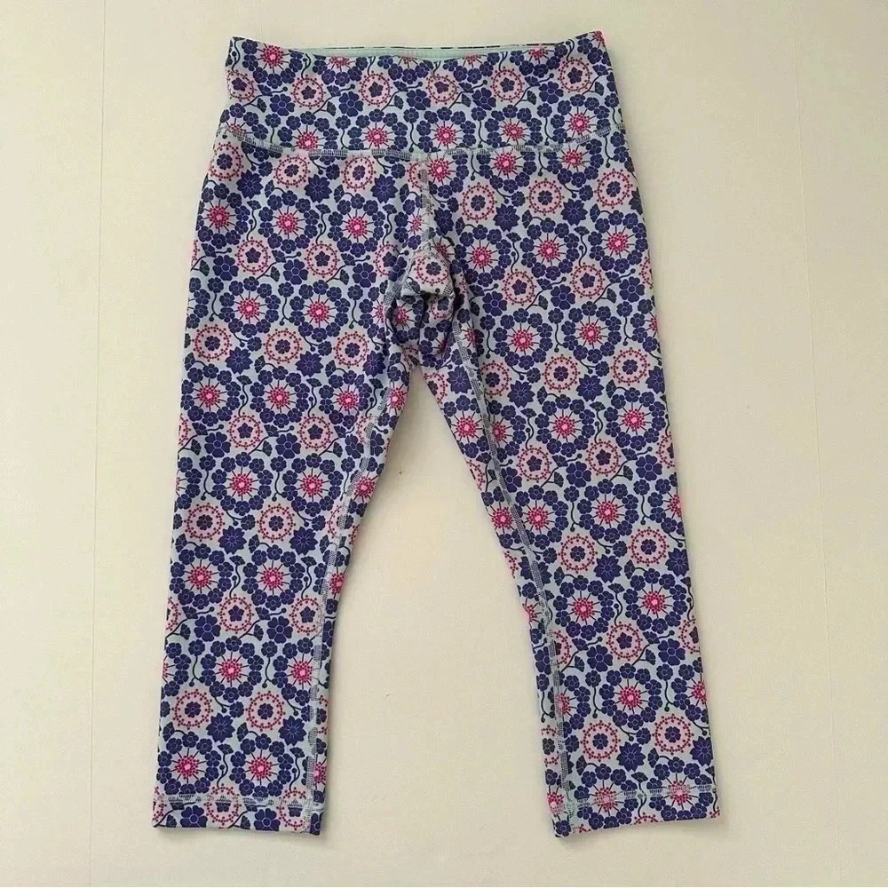 lululemon athletica Blue Floral Patterned Leggings with Pink Accents